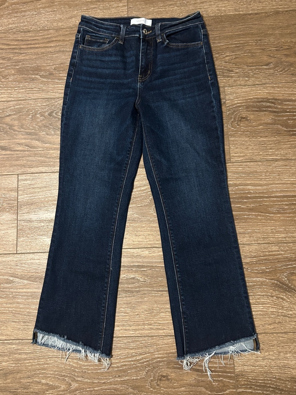 Vervet Women's Dark Blue Cropped Straight Jeans with Frayed Hem